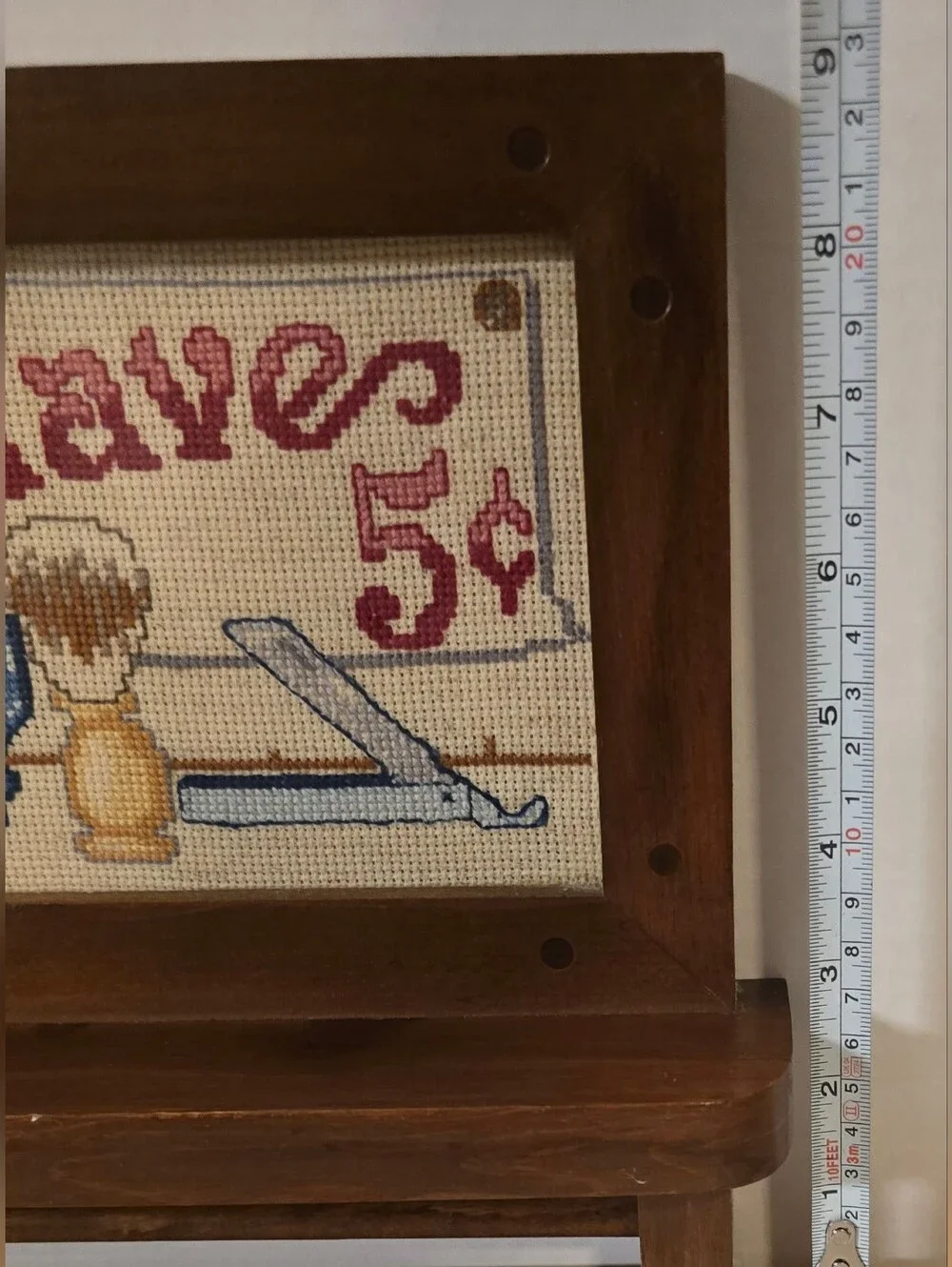 Vintage Needlepoint Shaving Sign Wooden Bathroom Shelf Towel Rack Shaves 5 Cents